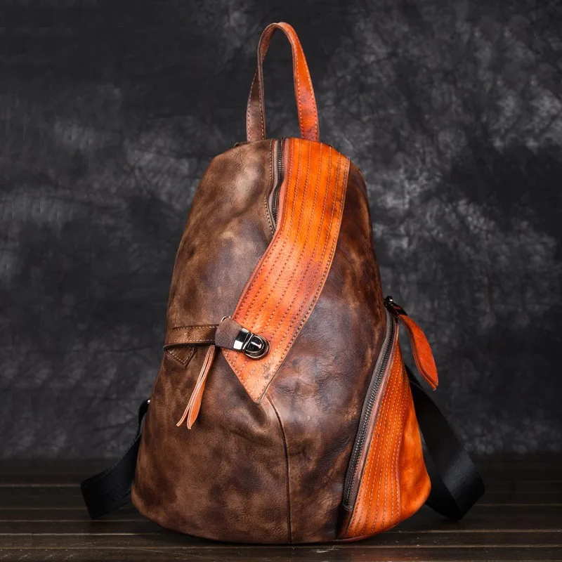 

High Quality Unisex Rucksack Travel Daypack Casual Women Men Patchwork Color Bag Retro Knapsack Cowhide Genuine Leather Backpack