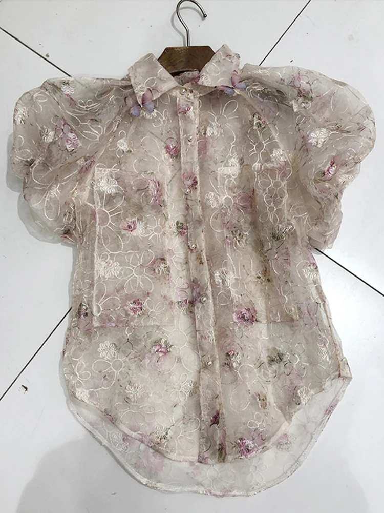 Женская тонкая рубашка из органзы с рукавами-фонариками и вырезами в стиле ретро