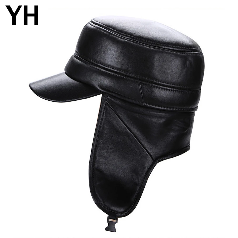 Шапка бомбер мужская из натуральной кожи теплый уличный головной убор плотной