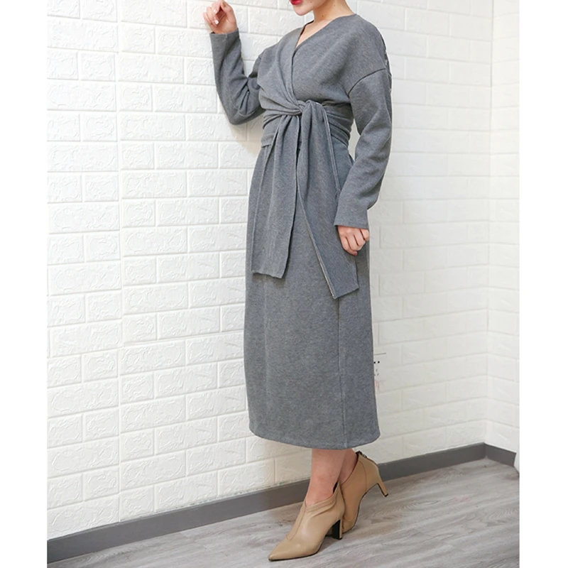 

Temperament V-Neck Irregular Waist Tie Long Sleeve Knit Solid Color Dress Long 2020 Autumn Hot