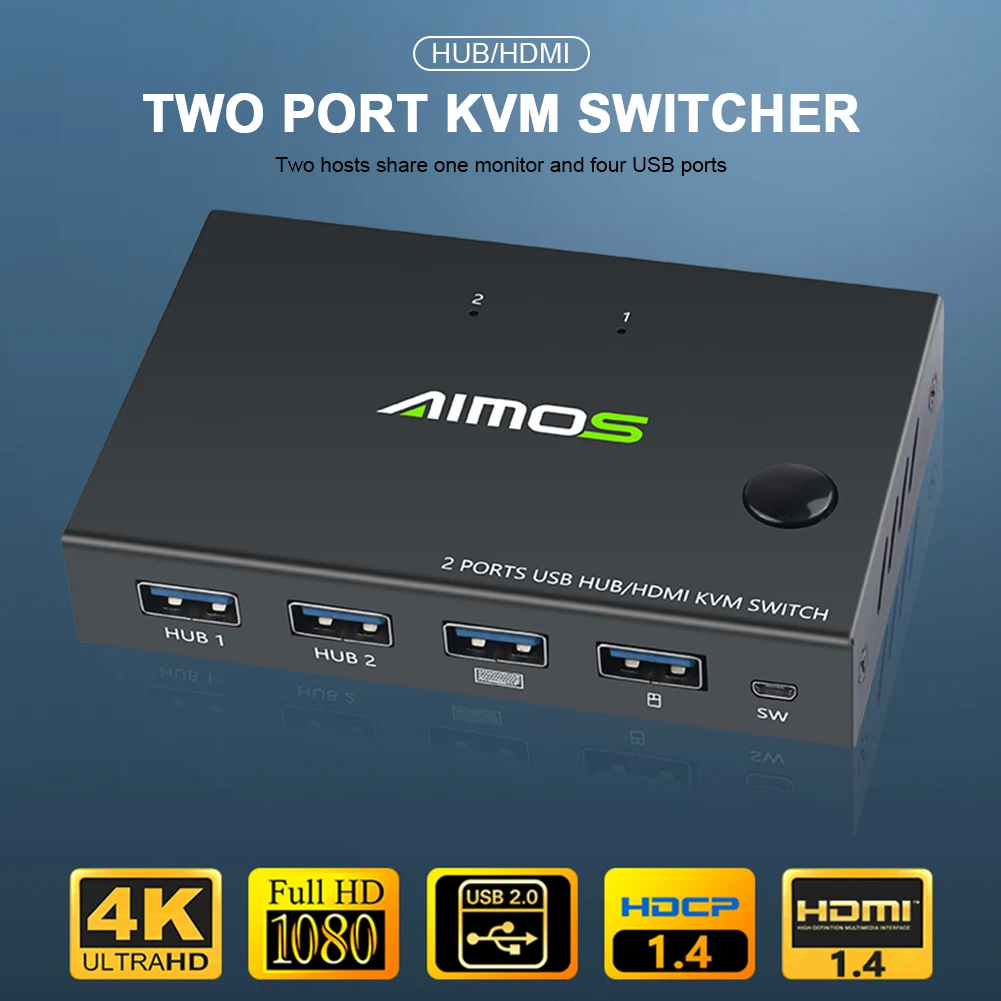 HDMI KVM Switch 2 in 1 Out, 4K@30Hz with USB2.0 Hub for PC Monitor, Projector, Keyboard, Mouse