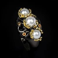 exquisite womens jewelry rings inlaid pearl zircon rings elegant womens wedding jewelry black gold two tone jewelry