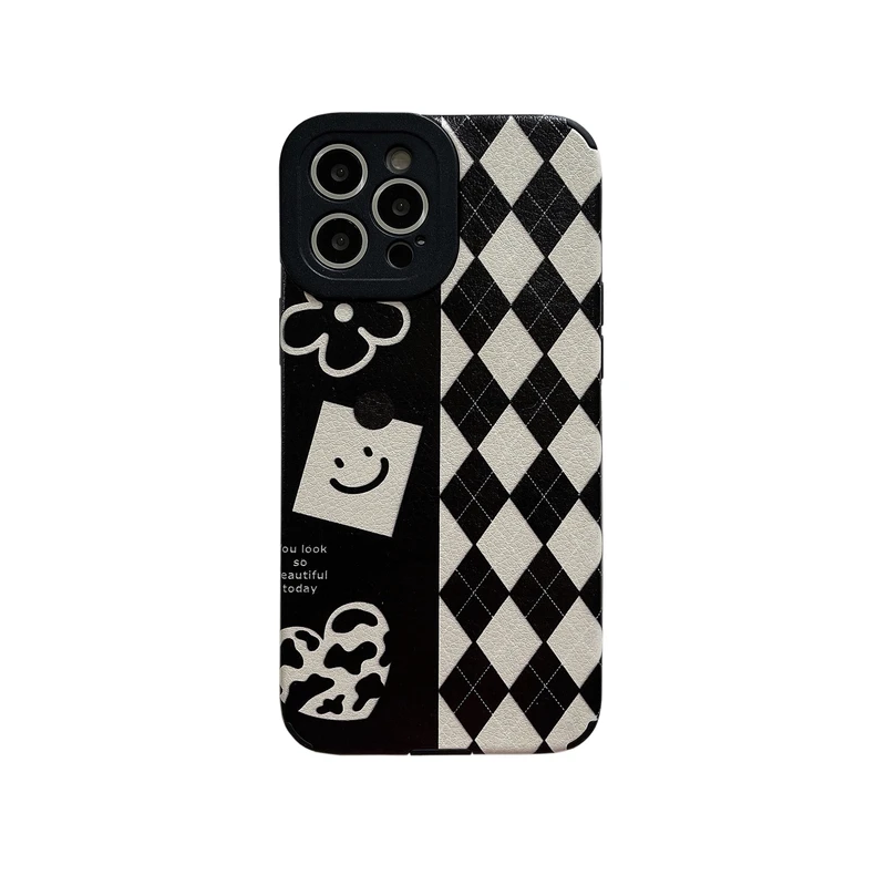 art retro smiley face graffiti plaid korea phone case for iphone 12 11 pro max x xs max xr 7 8 plus cases soft leather cover free global shipping