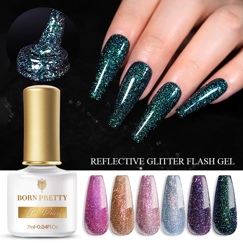 

BORN PRETTY 7ml Reflective Gel Nail Polish Glitter Flash Gel Varnish Bling Soak Off UV Gel Nail Art Manicure Nails Gel