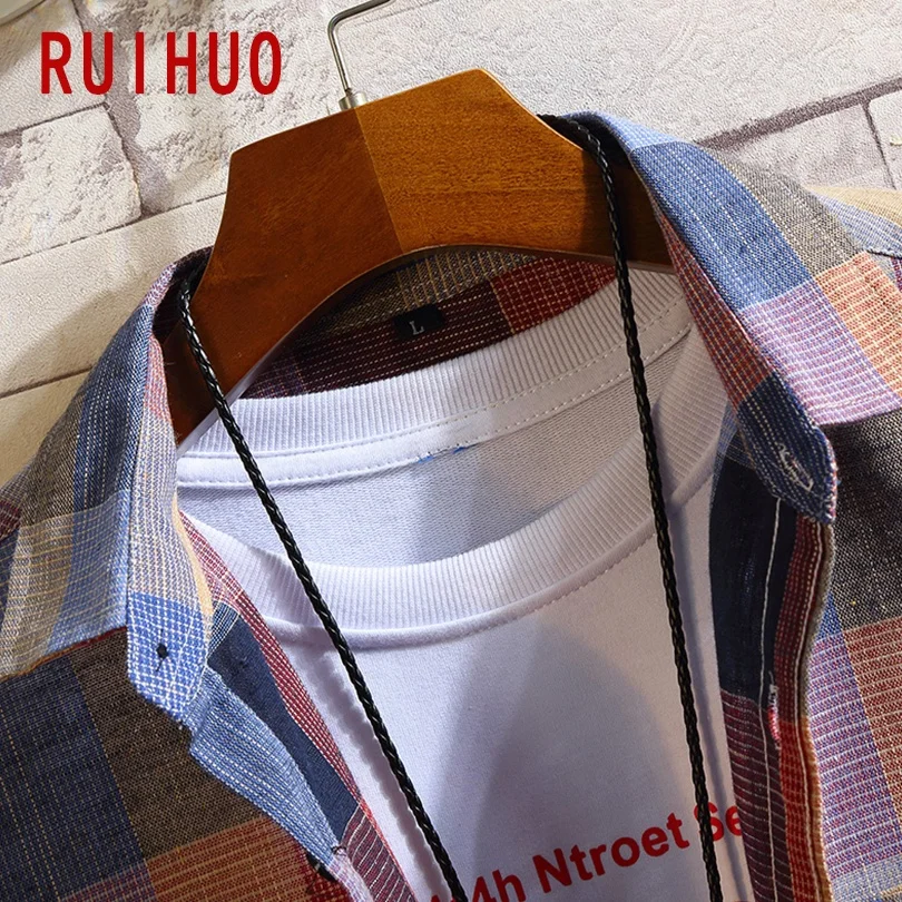 RUIHUO 2021 Новинка весны Повседневная клетчатая рубашка для мужчин Slim Fit Хлопок