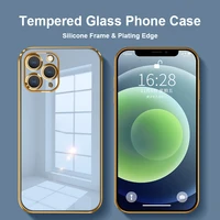 tempered glass phone case for iphone 11 12 pro max 12 mini xs max xr x 8 7 plus se 2020 plating edge cover silicone frame case