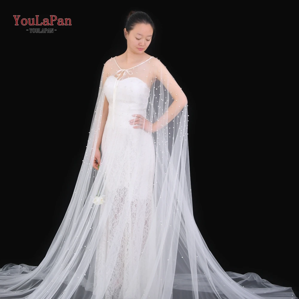 

YouLaPan G17 Gorgeous 2M Long Train Wedding Bolero Shawl Tulle Pearls Wrap Cloak Cape Neck Ribbon Edge Long Lace Wedding Cape