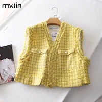 2021 women sweet fashion yellow plaid tweed tassel frayed waistcoat vintage v neck sleeveless female vest outerwear chic tops
