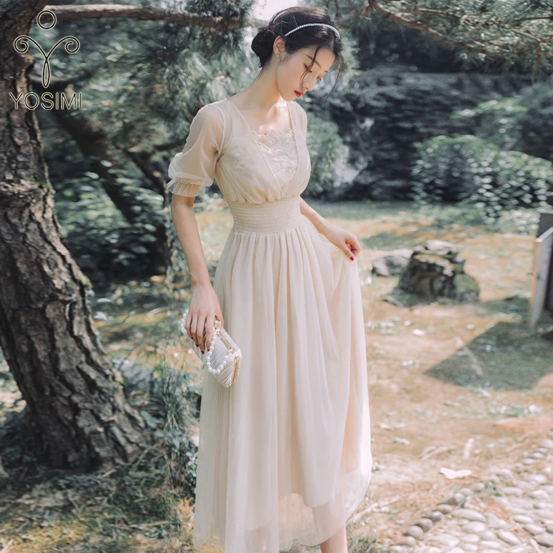 YOSIMI v образным вырезом с коротким рукавом шифоновое длинное женское платье 2019
