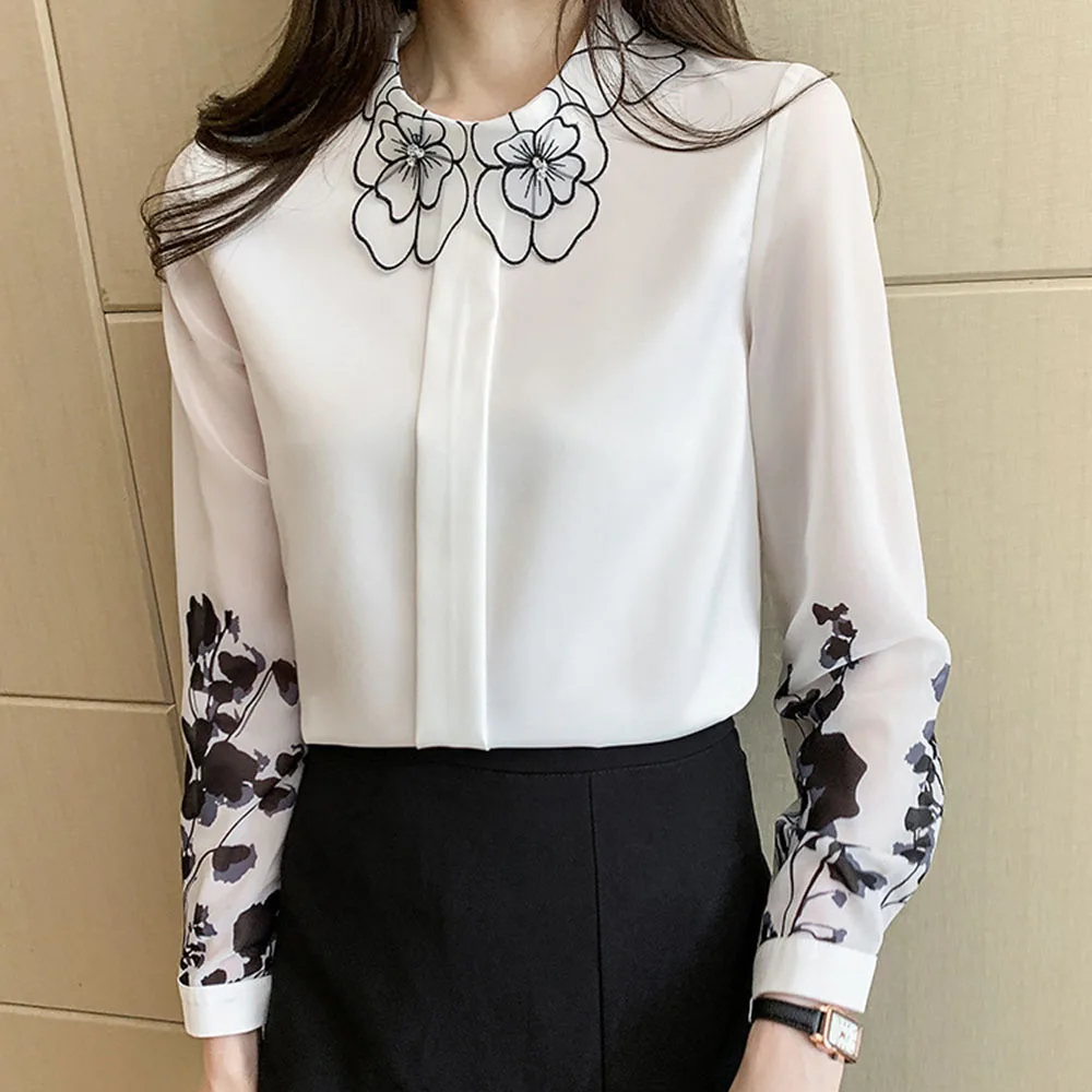 

Chic Office Lady Floral Print Blouse White Simple Long Sleeve Single-Breasted Chiffon Shirts Women Fashion Spring Fall Tops
