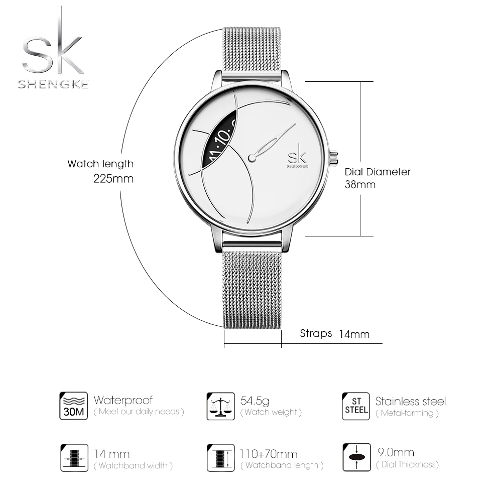 

Shengke Women Fashion Watch Creative Lady Casual Watches Stainless Steel Mesh Band Stylish Desgin Silver Quartz Watch for Female