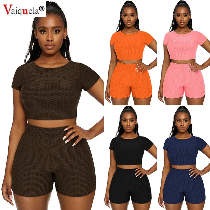 

Women's short sleeve two-piece round neck bag hip solid color yoga sports suit women's fun run dance costume performance group