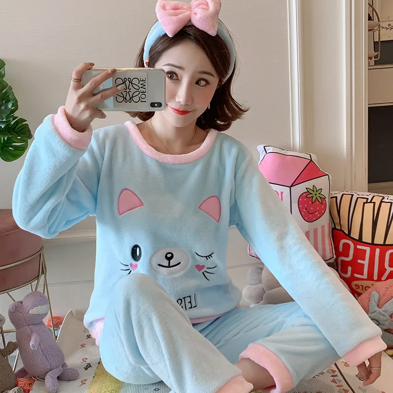Зимняя женская пижама комплект мультяшная теплая Пижама ночная одежда с