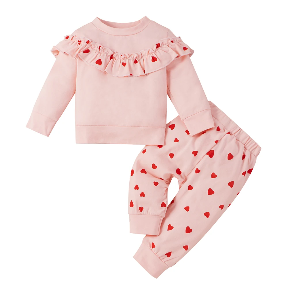 

Love Print Kids Girls Clothes 2Piece Pink Polka dot Tops+Pants Spring Fall Long Sleeve Cotton Baby Outfits Ruffle Clothing D20