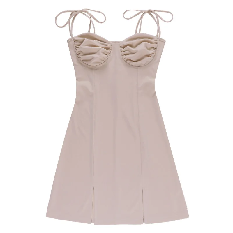 

Women Summer V Neck Mini Dresses New Style Pure Color Temperament Robes Sexy Show Chest Slit Suspender Skirt Club Vestidoes 2021