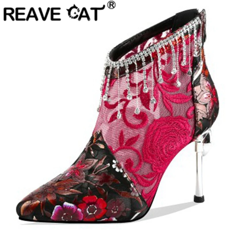 

REAVE CAT Elegant Lady Ankle Boots Pointed Toe 9cm Thin heels Zipper Printing Embroidered Flower Beading Plus size 33-40 A2959