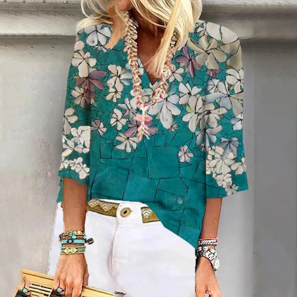 

Women Three Quarter Sleeve Tops Sexy V Neck Floral Print Fahion T Shirt Spring Autumn Pullover Casual Ladies Clothes 2021 D30