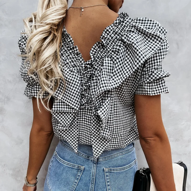 

Plaid Ruffles Short Sleeve V Neck Women Tops Blouses