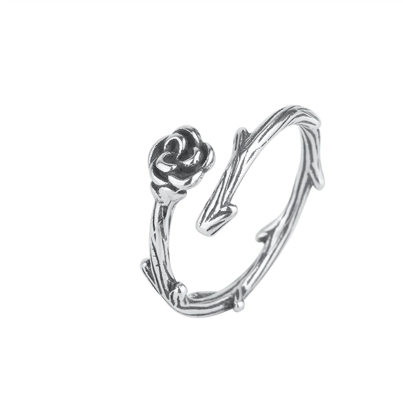

[One Orange] Sterling Silver Ring Women's Retro Thorn Rose Unique No Color Fading Open Adjustable Index Finger Ring