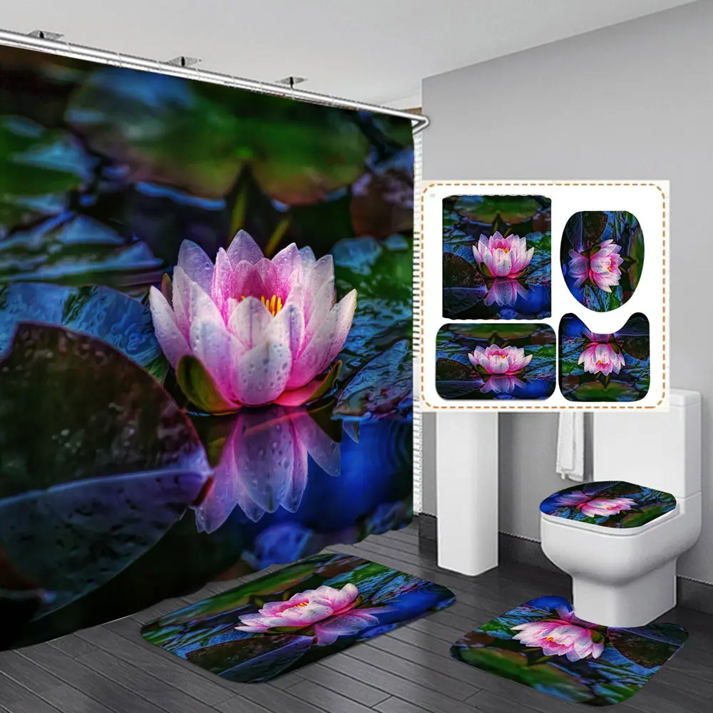

SPA Pond Lotus Leaf Flower Flannel Bath Mat Toilet Cover Rugs Fabric Shower Curtain With 12 Hooks Home Bathroom Decor Set
