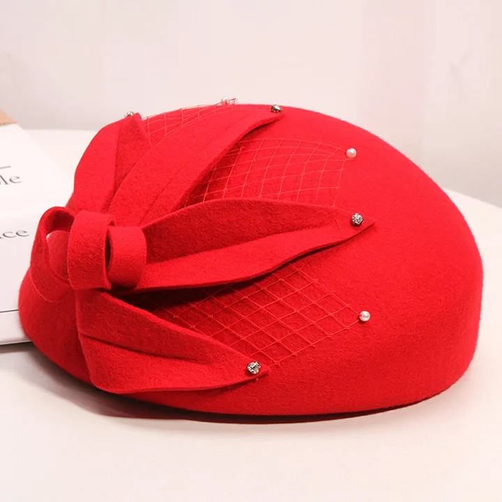 Fibonacci New Fashion Women Beret Fedoras Floral Wool Felt Hat Pearl Mesh Dinner Party Autumn Winter Hats Cap
