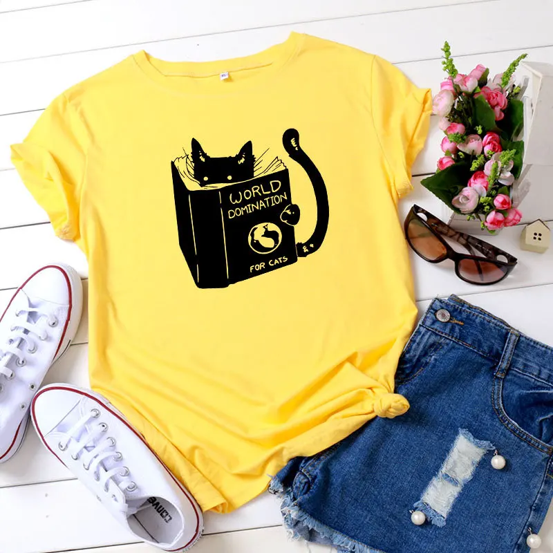 

Women T Shirt 100%Cotton Summer Cute Cartoon Study Cat Print Short Sleeve O-Neck Casual Basic TShirts Tops Tees