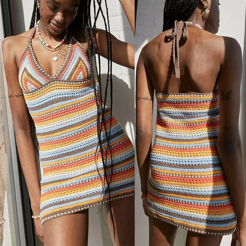 

2021 Summer New Style Dress Hanging Neck Short Skirt Deep V Sexy Open Back Knitted Skirt Woolen Striped Skirt