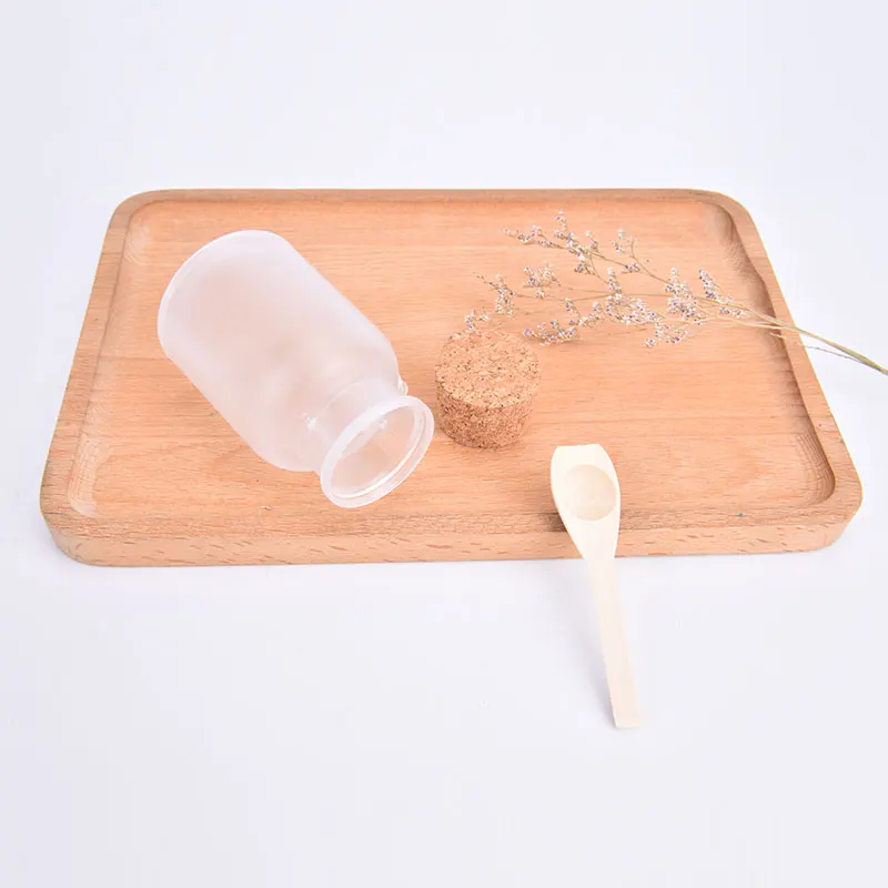 

Empty Bath Salt Bottle Plastic Matte Cork Jar Women Mask Facial Container Refillable Bottle With Wood Spoon