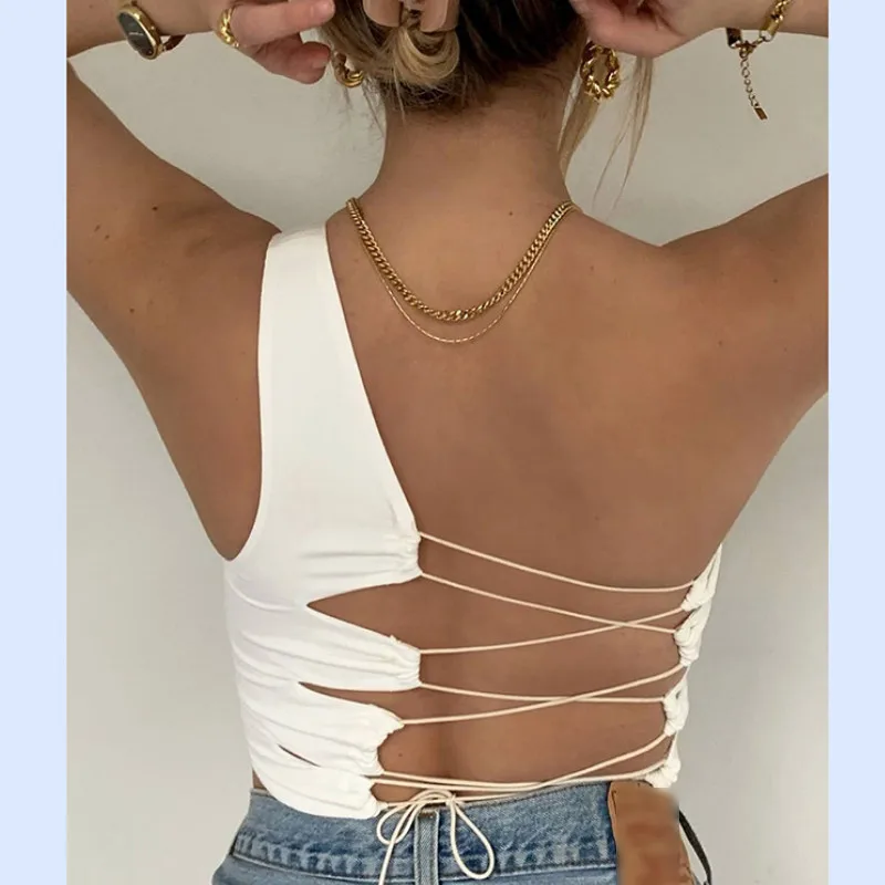 

Sexy Women Net Yarn Crop Tops Women Lace Wave Point Bandage Vest Tanks Tops Sleeveless Backless Summer Crop Top Purple Pink