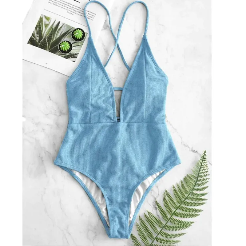 

Sexy Halter Solid Women Swimwear blue High Cut Out One Piece Swimsuit Backless Thong Swim Suit Female Bathing Suit