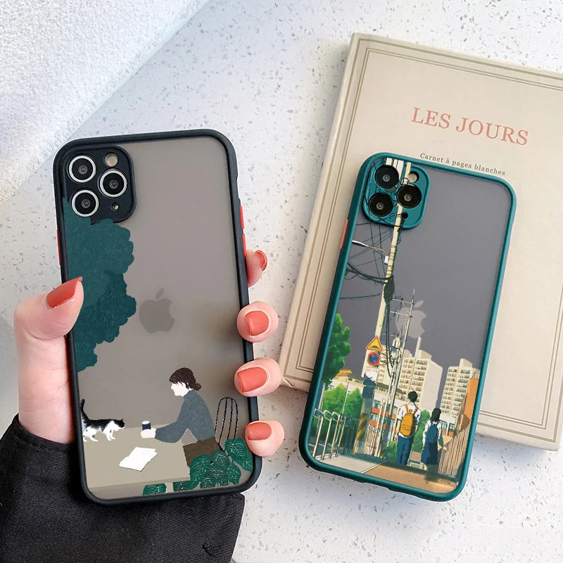 Cartoon Scenery Phone Cases For iphone 7 8 Plus SE2020 11 12 13 Pro Max X XR XS MAX boy and girl Dog Cat Hard Shockproof Cover