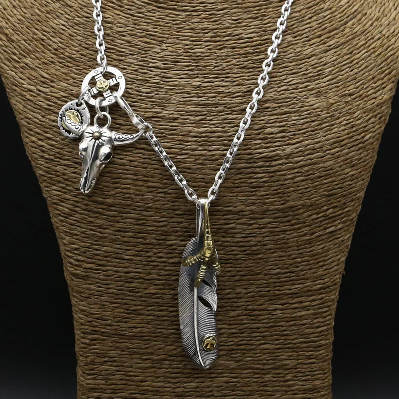 

Starfield S925 Sterling Silver Retro Thai Silver Vintage Style Men Women Personality Classic Feather Necklace Sweater Chain