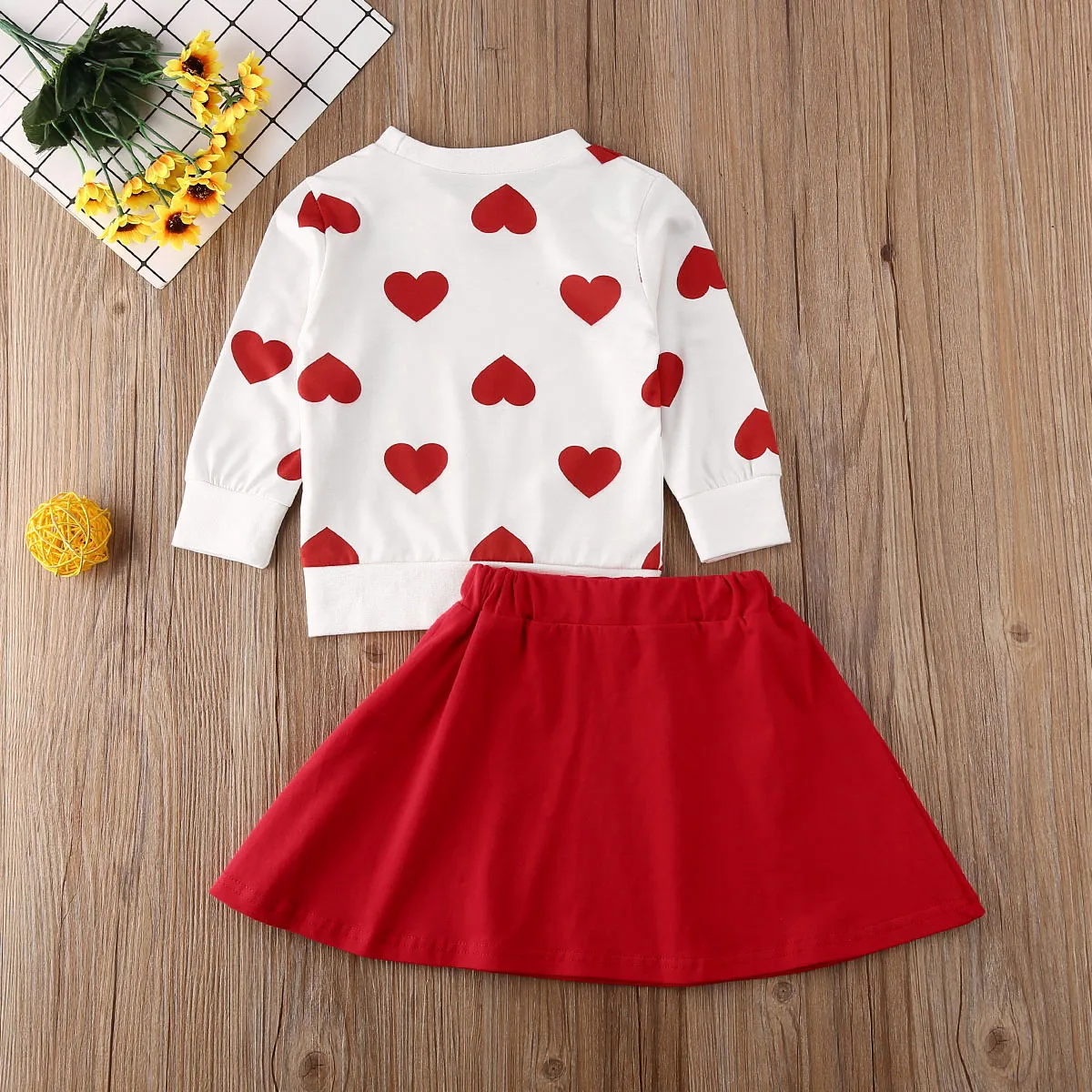 

2021 Baby Spring Autumn Clothing Toddler Baby Girls Valentine's Day Clothes Hearts Tops T-Shirt Dress Skirt 2Pcs Outfits 1-6T