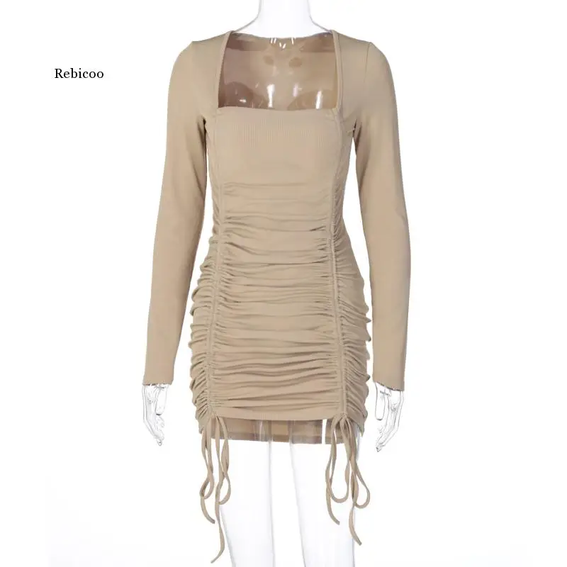 

Long Sleeve Ruched Bandage Square Collar Sexu Mini Dress Autumn Winter Women Fashion Streetwear Outfits Party Wear