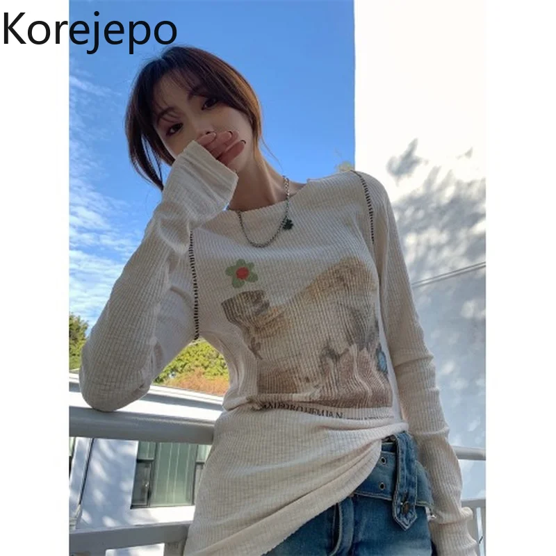 Korejepo Printed Long Sleeve T-shirt Women Spring and Antumn 2022 New Versatile Thin Loose Bottomed Korean Chic Fashion Tops | Женская