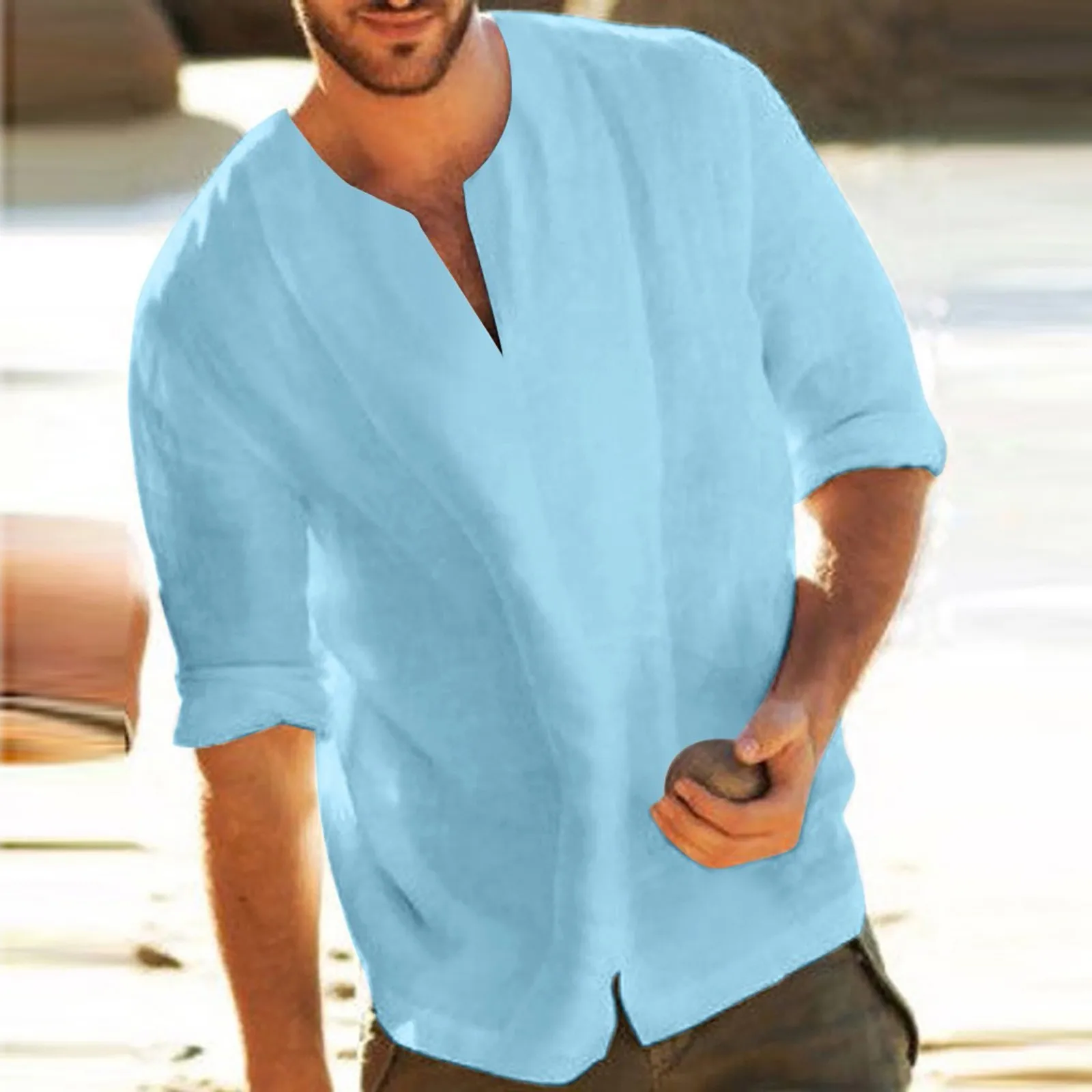 В винтажном стиле Из хлопка и льна рубашка мужская повседневная футболка с