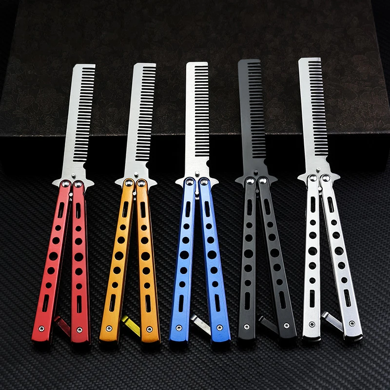 

Butterfly Comb Practice Training Knife Combs Stainless Steel Folding Hairdressing Beard Moustache Brushes Hair Styling Tools