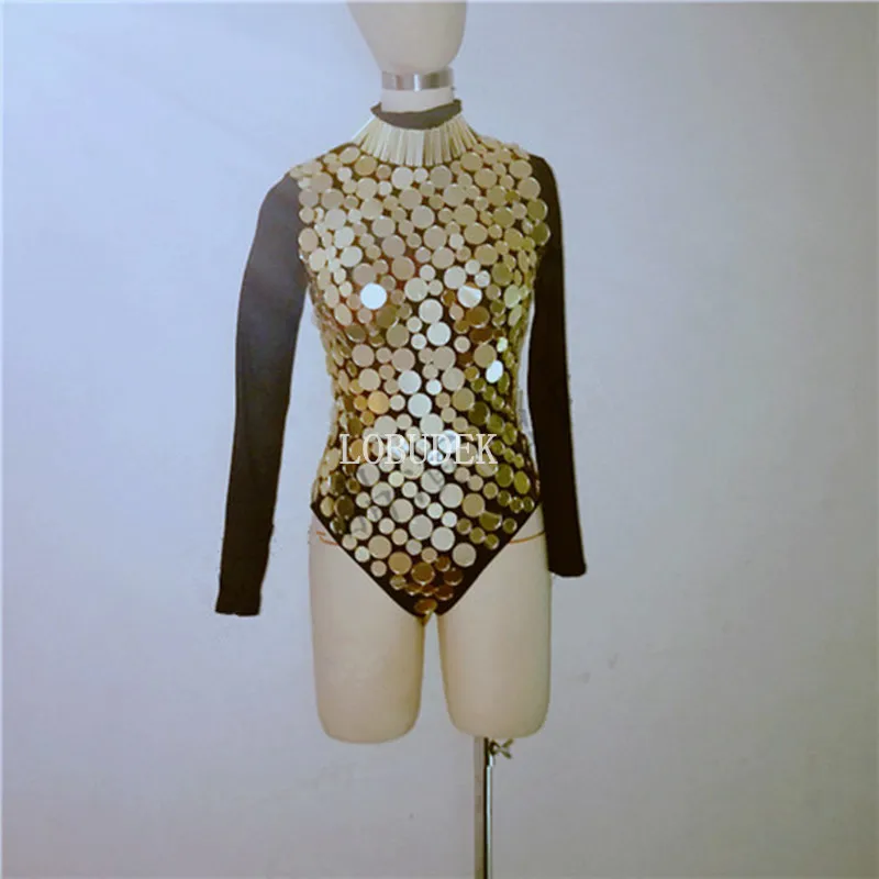 Women Mirrors Dance Costume Silver Gold Sequins Bodysuit Long Sleeve One Piece Nightclub Bar Jazz Stage Outfit For Singer Dancer