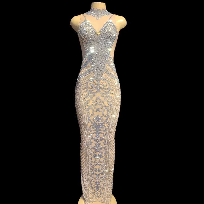 Сетчатое прозрачное длинное платье с кристаллами сексуальное вечернее без