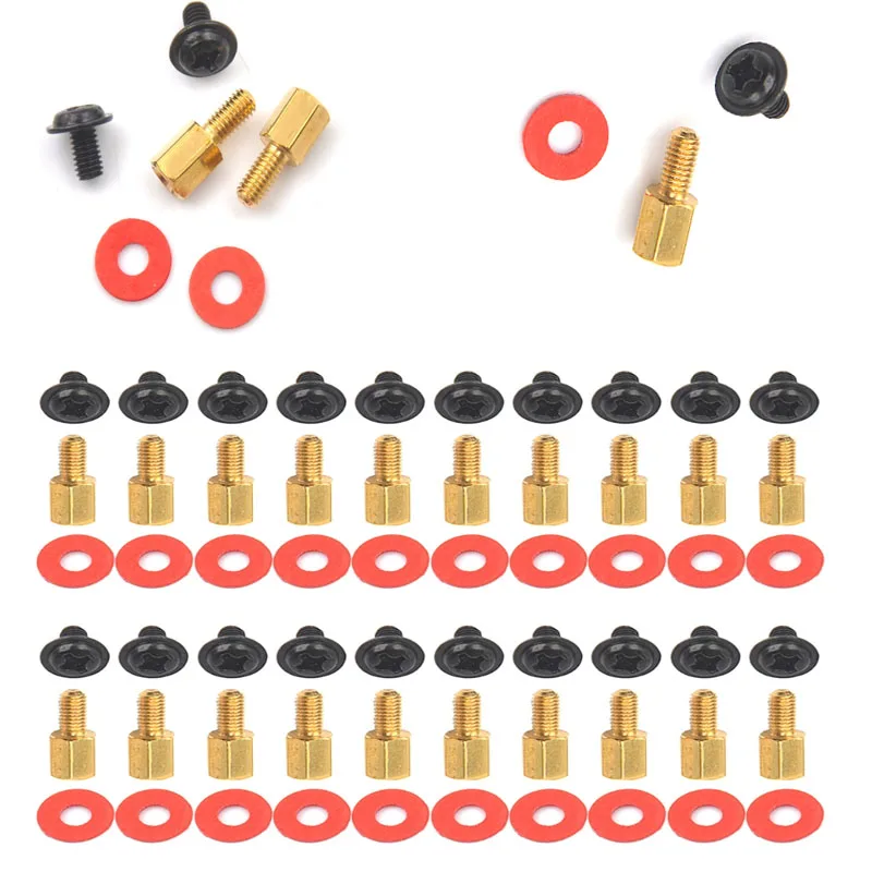 

36pcs( 12x Screw+12x Motherboard Riser +12x Washer) 6.5mm 6-32-M3 Computer Golden Motherboard Riser+Black Screws + Red Washers
