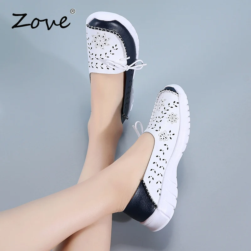 Женская обувь на плоской подошве ZOVE кожаные лоферы без шнуровки с вырезами