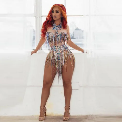 Женский костюм с кисточками и стразами обтягивающий сексуальный купальник для