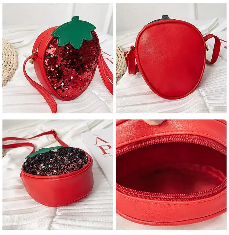 Lovely Children Sequin Small Shoulder Bag Cute Strawberry Baby Girls Crossbody Bags PU Leather Kids Boys Coin Purse Handbags