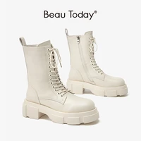 beautoday ankle platform boots women genuine cow leather lace up round toe chunky sole leisure ladies shoes handmade 02521