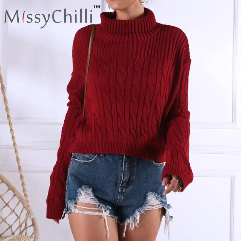 MissyChilli Wine red turtleneck jumper autumn sweater Winter woman knitting pullovers Long sleeve warm christmas | Женская одежда