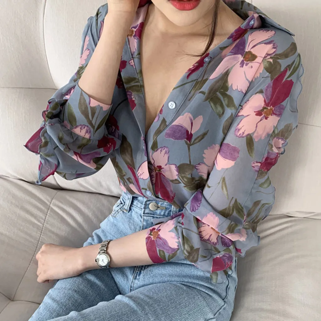 Fashion Ladies Blouses Women Chiffon Long Puff Sleeve Printed V-Neck Top Button Shirts ropa mujer рубашка женская#GH | Женская