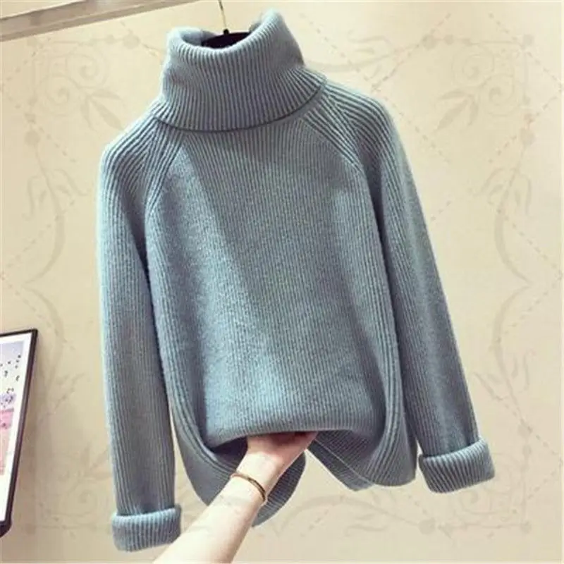 

Autumn /winter White Knitted Sweater Women's Korean Version Warm High Collar Long Sleeve Sweater Casual Loose Sweater Pullover