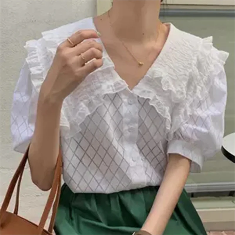 

Alien Kitty Basic OL Summer Gentle Plaid All Match Ruffles 2021 High Street Girls Casual Femme Short Sleeves Hot Sweet Shirts