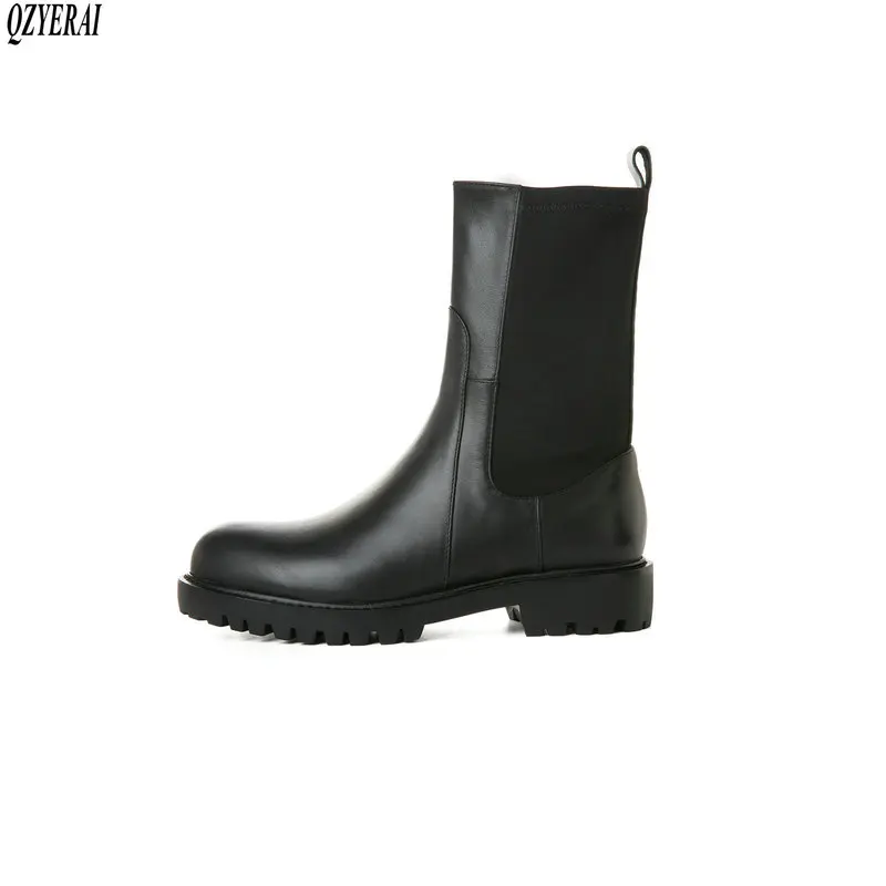 Женские сапоги для верховой езды QZYERAI черные из натуральной кожи с круглым носком