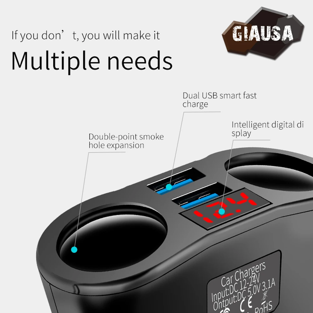Разветвитель автомобильного прикуривателя GIAUSA для iPhone Samsung HUAWEI Xiaomi QC3.0 2 USB порта